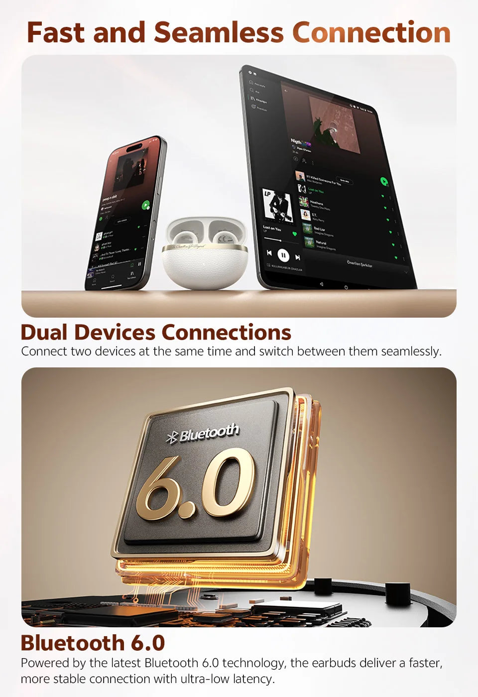 Écouteurs intra-auriculaires sans fil QCY Crossky C50, Bluetooth 6.0, confortables, à clip, pour le sport, avec 4 micros, IA pour des appels clairs et des basses renforcées.