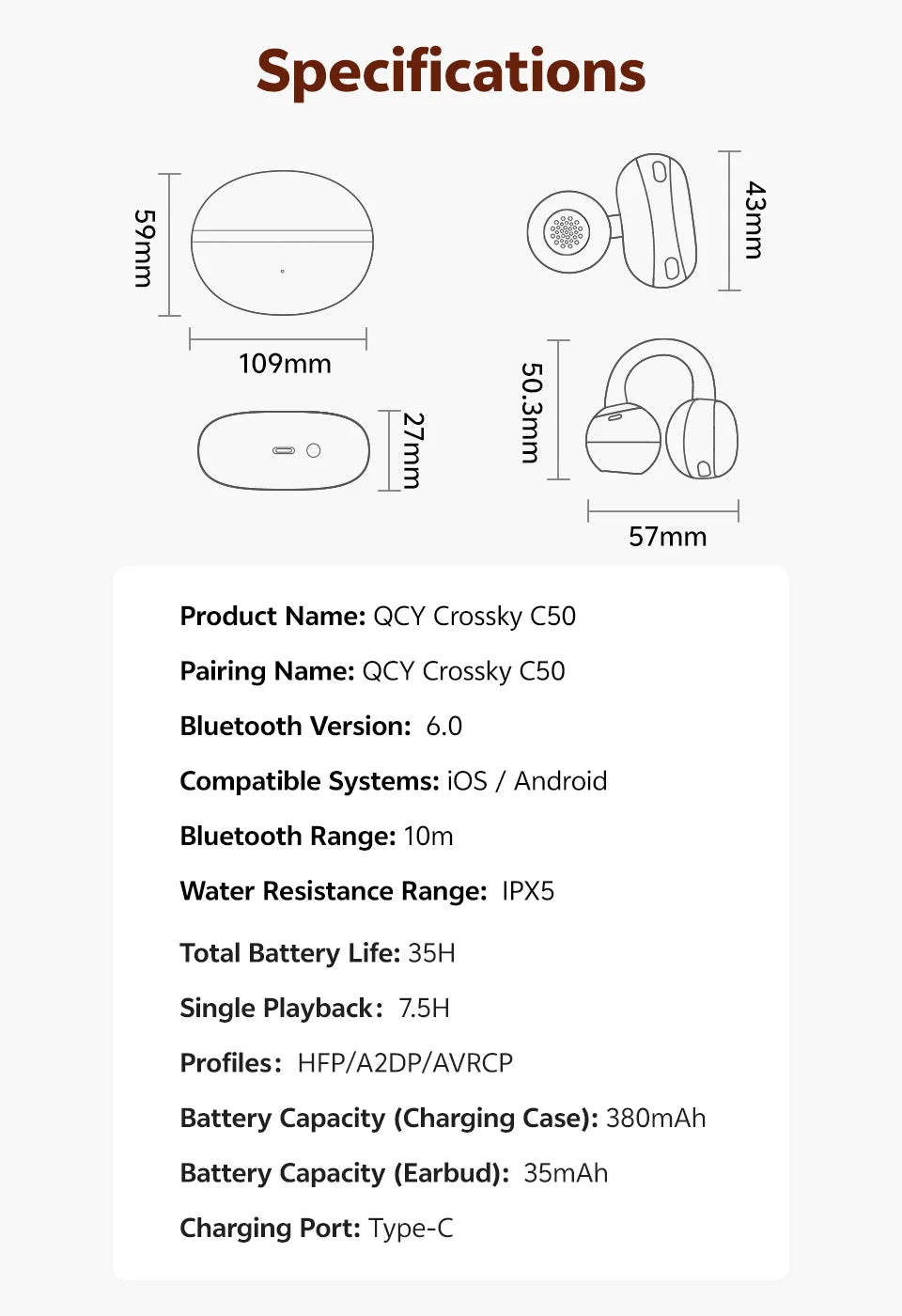 Écouteurs intra-auriculaires sans fil QCY Crossky C50, Bluetooth 6.0, confortables, à clip, pour le sport, avec 4 micros, IA pour des appels clairs et des basses renforcées.