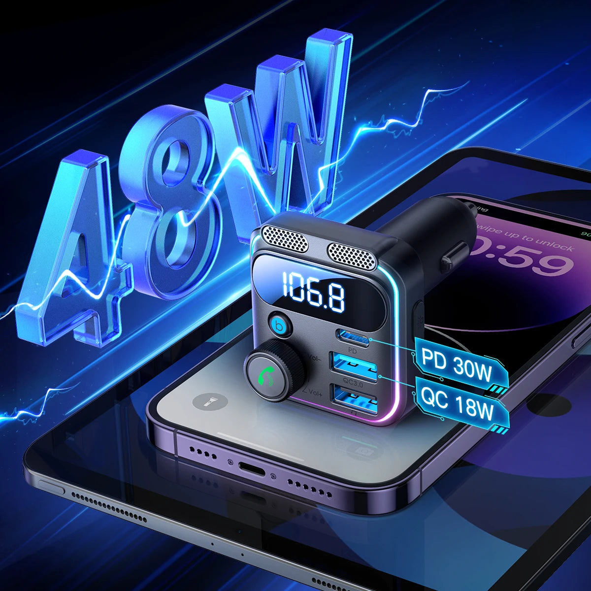 JOYROOM Bluetooth 5.3 FM Transmitter for Car 48W PD&QC3.0 Car Charger Adapter Bluetooth & U Disk,Dual Mics,Hands-Free Calling