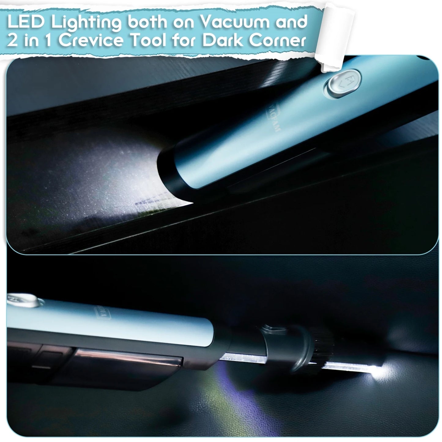 Aspirateur sans fil portatif, aspirateur de voiture portable avec une puissance d'aspiration de 18 kPa, aspirateur à main à charge rapide avec phare LED et rangement.