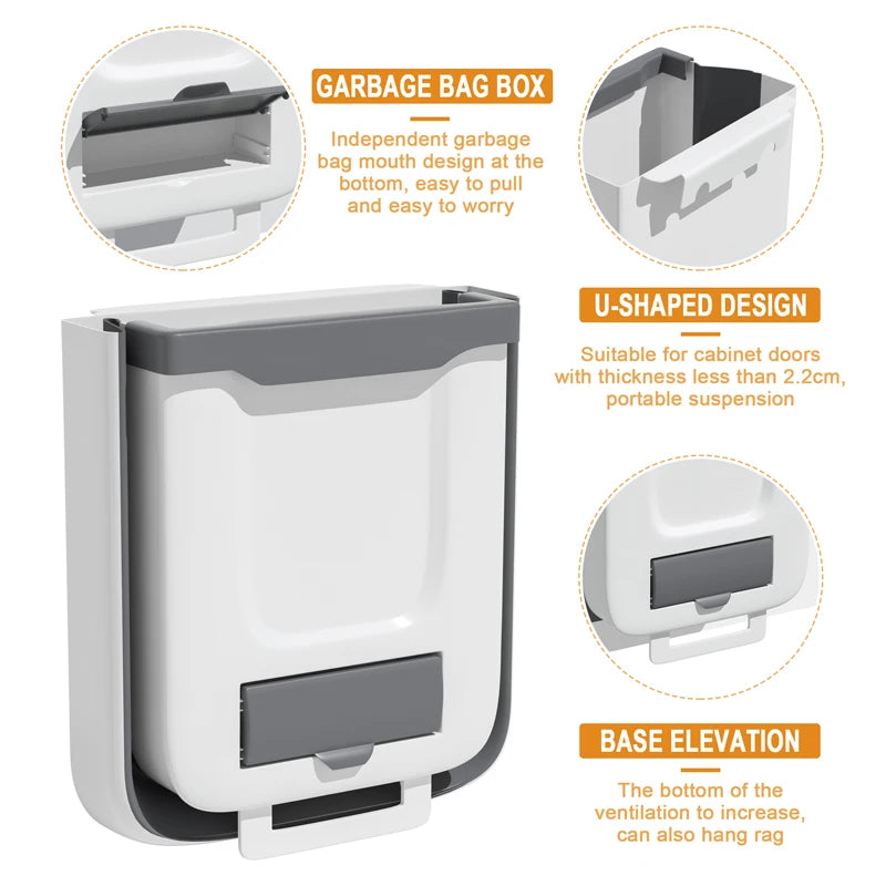 Folding Trash Can For Kitchen And Car 7L/10L Wall Mounted Bin Kitchen Cabinet Door Hanging Trash Bin with Trash Bag Container