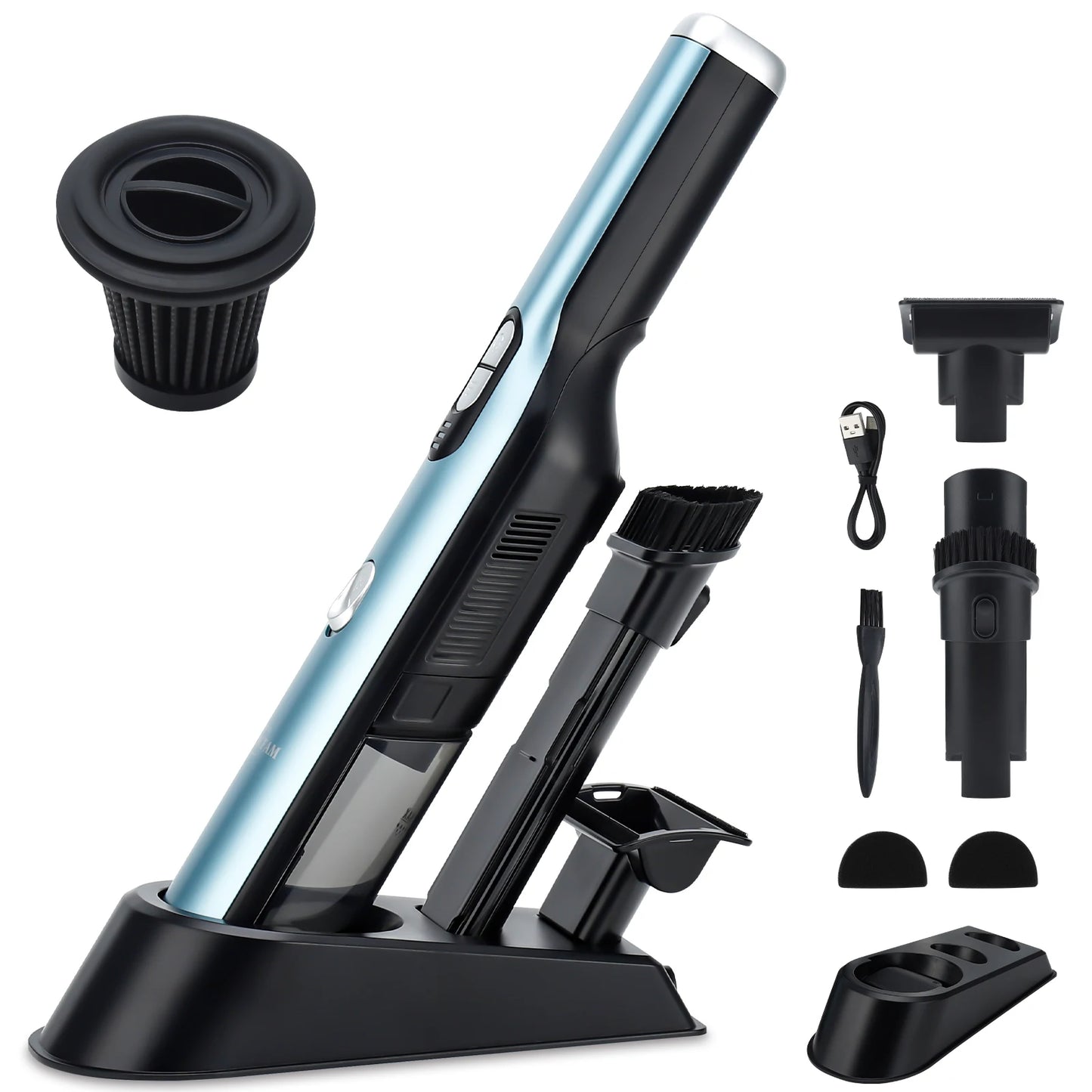 Aspirateur sans fil portatif, aspirateur de voiture portable avec une puissance d'aspiration de 18 kPa, aspirateur à main à charge rapide avec phare LED et rangement.