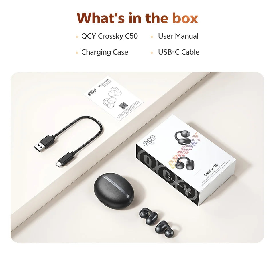 Écouteurs intra-auriculaires sans fil QCY Crossky C50, Bluetooth 6.0, confortables, à clip, pour le sport, avec 4 micros, IA pour des appels clairs et des basses renforcées.
